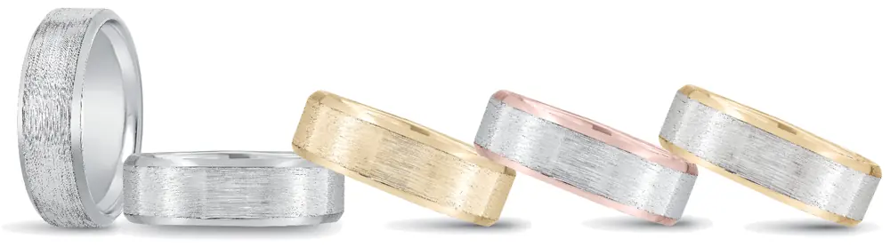 Men&rsquo;s wedding bands in white, yellow and rose gold with brushed finishes