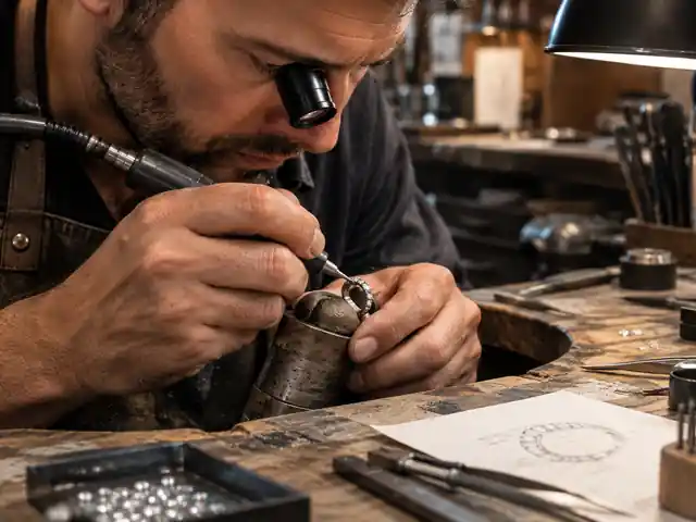 Jeweler setting diamonds in a ring at the bench, inspecting it through a loupe